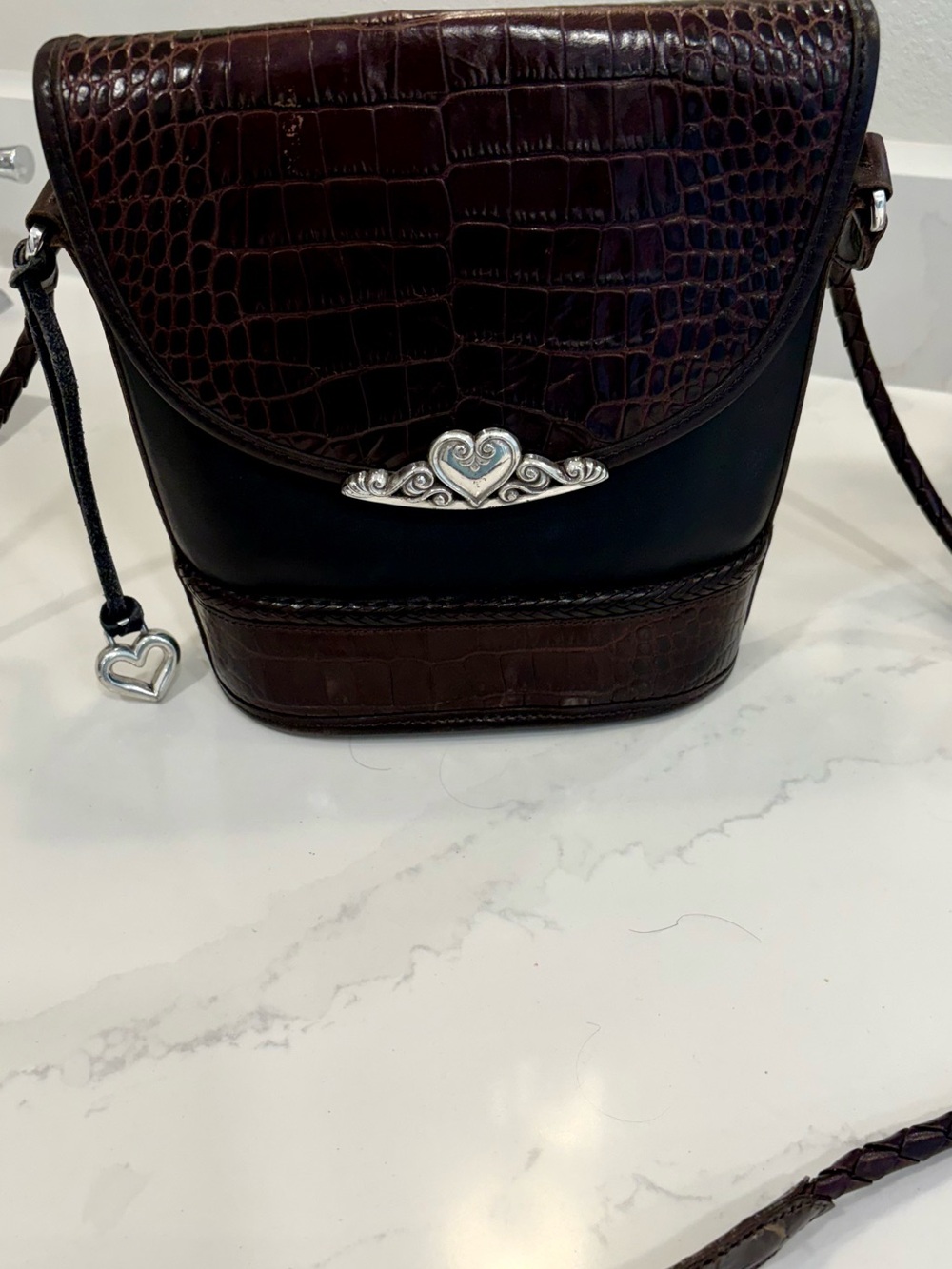 Brighton Brown Croc-Embossed & Black Heart Accent Crossbody